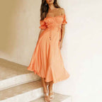 Women's Off-Shoulder Midi Dress – A-Line with Ruffled Waist and Sleeves – Cotton Blend Orange