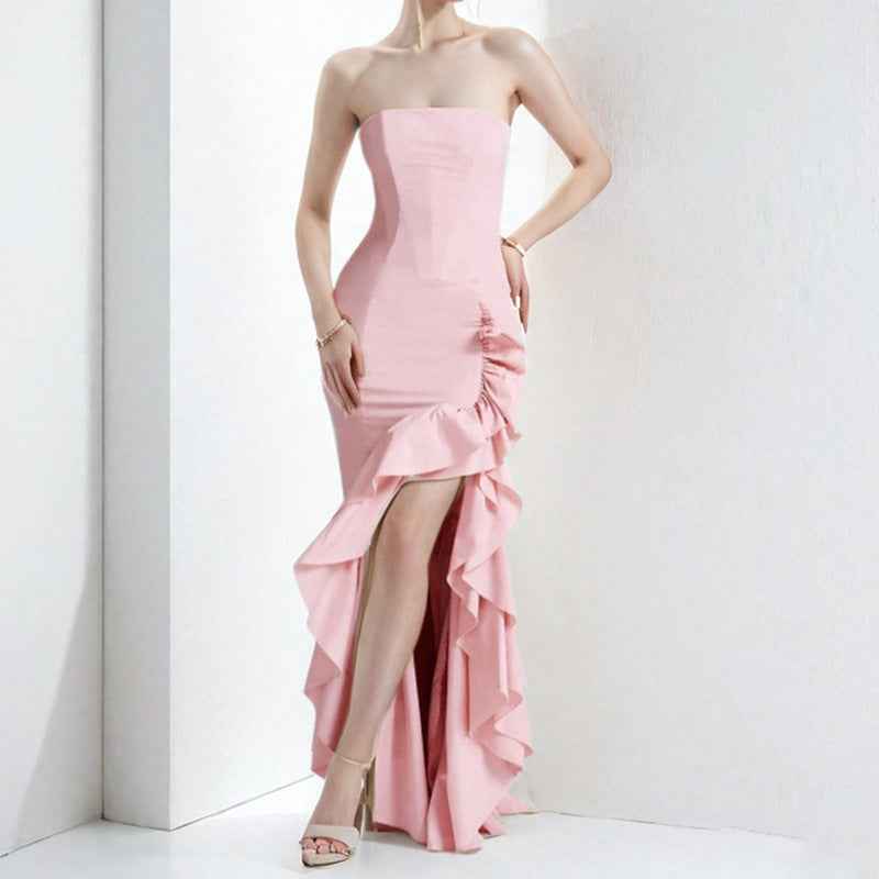 Women's Slim Fit Strapless Dress with Asymmetrical Ruffle Hem – Elegant Eveningwear Pink