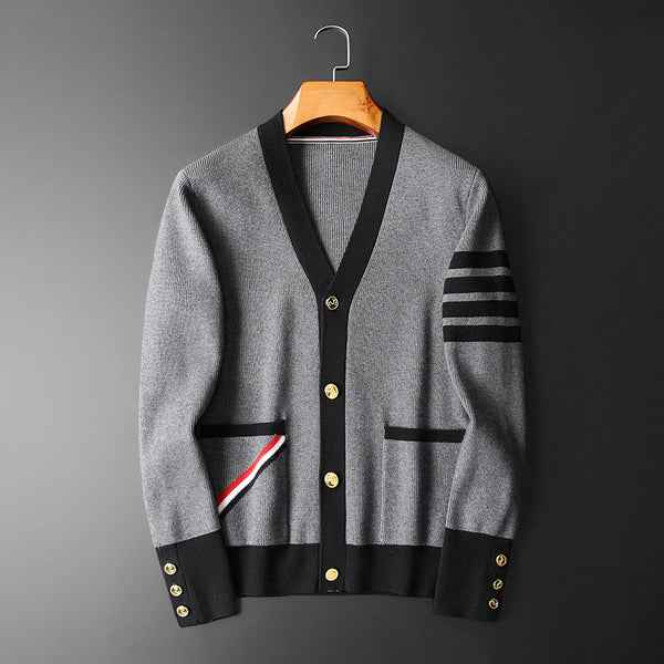 Men's Regular Fit Cardigan with Striped Sleeves and Button Front Gray