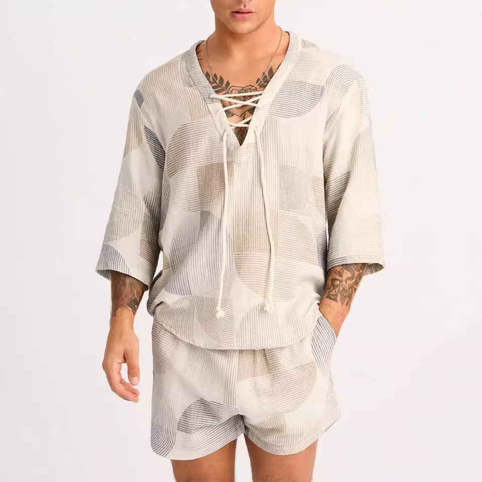 Men's Casual Lace-Up Shirt and Shorts Set – Relaxed Fit, Breathable Fabric Apricot