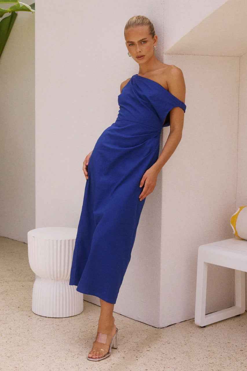 Women's Elegant One-Shoulder Midi Dress – Slim Fit with Draped Top Blue