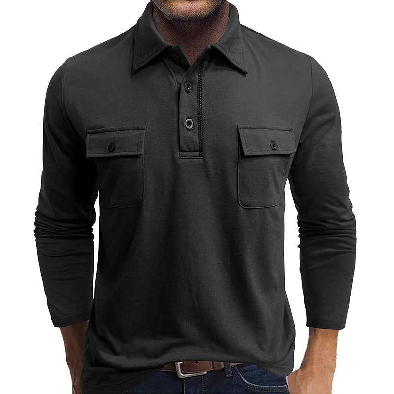 Men's Long Sleeve Polo Shirt – Regular Fit – Cotton Blend – Double Chest Pockets Black