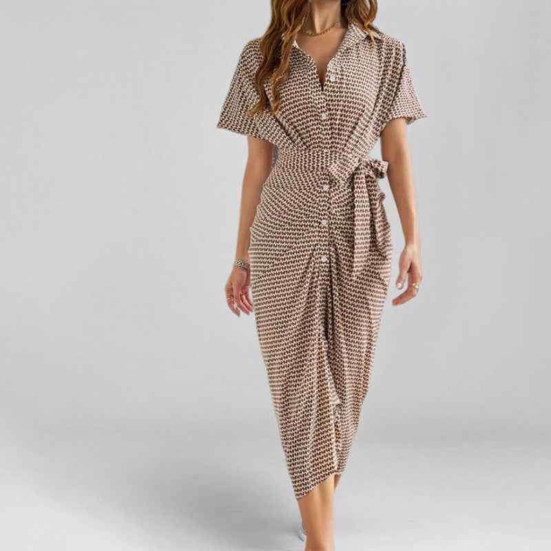 Women's V-Neck Midi Wrap Dress with Waist Tie and Short Sleeves – Airy Fit Brown