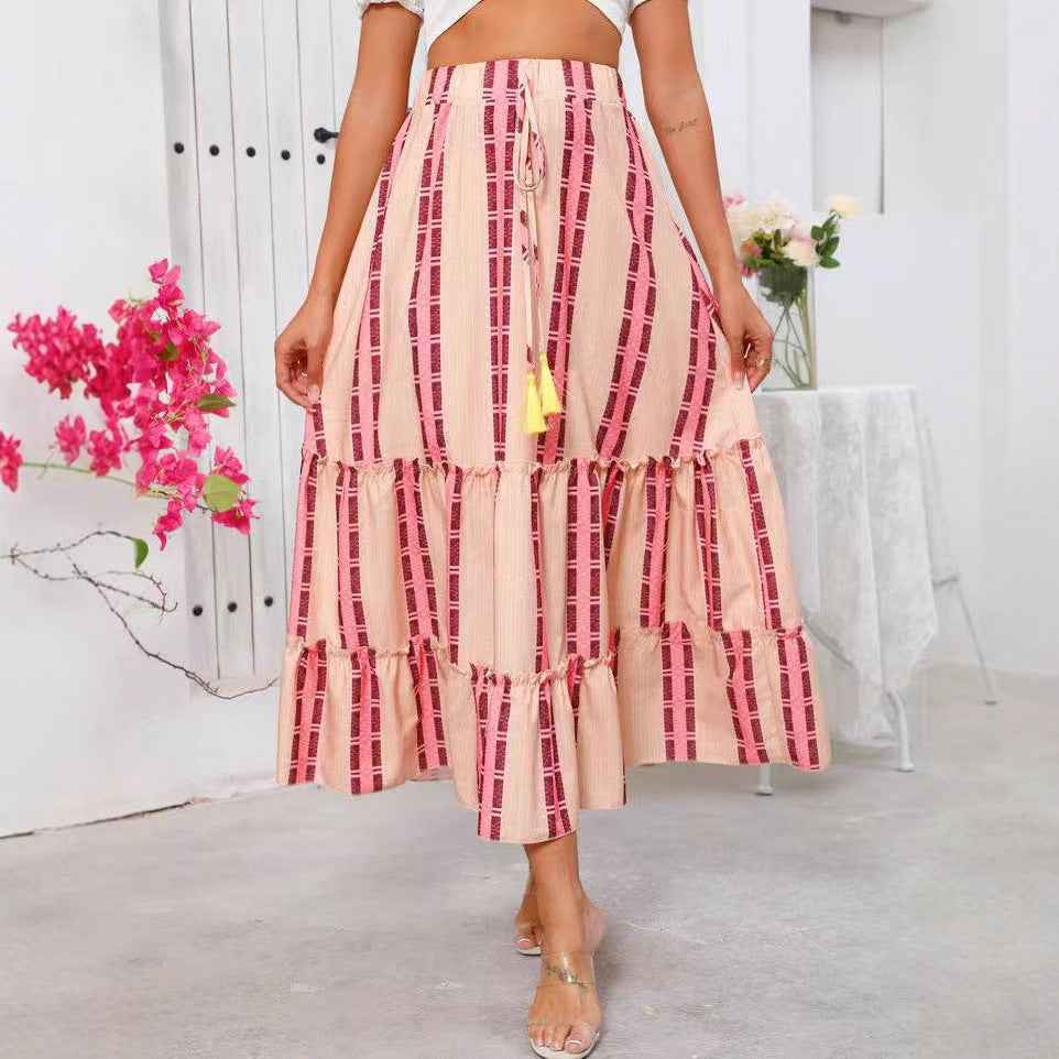 Women's Flowing Maxi Skirt - Cotton Layered Design with Drawstring Waist Apricot