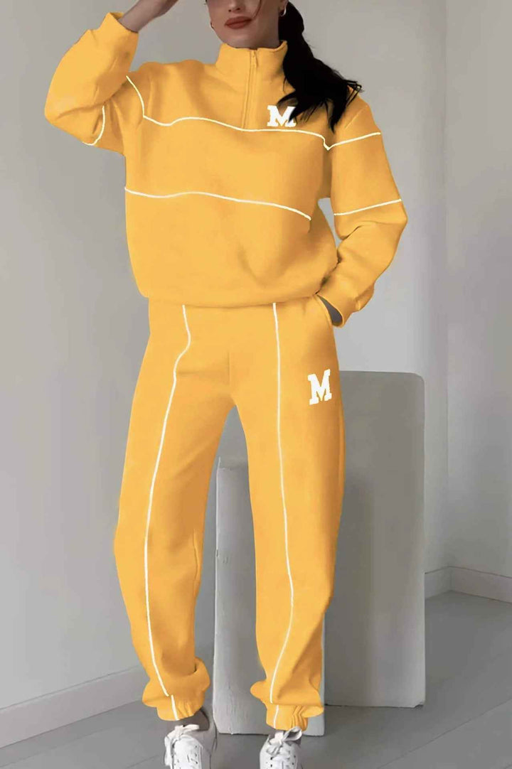Women's Relaxed Fit Tracksuit – Cotton Blend Half-Zip Top & Elastic Joggers Yellow