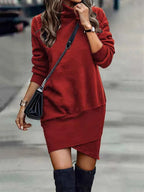 Women's Relaxed Fit Sweater Dress with High Collar, Long Sleeves, and Asymmetrical Hem Red