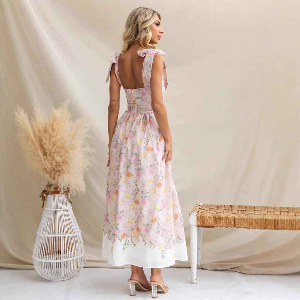 Women's Floral Midi Dress – Fit and Flare Design – Spaghetti Straps with Bow – Lightweight Fabric
