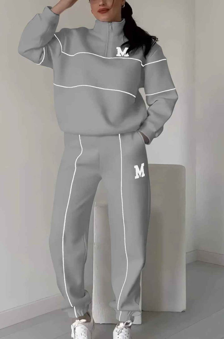Women's Relaxed Fit Tracksuit – Cotton Blend Half-Zip Top & Elastic Joggers Grey