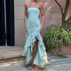 Women's Slim Fit Strapless Dress with Asymmetrical Ruffle Hem – Elegant Eveningwear Light Green