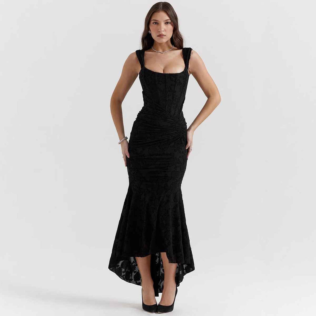 Women's One-Shoulder Satin Evening Dress – Fitted Mermaid Style with Ruffles Black