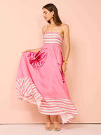 Women's A-Line Midi Dress with Smocked Bodice and Spaghetti Straps – Lightweight Cotton Pink Leaves