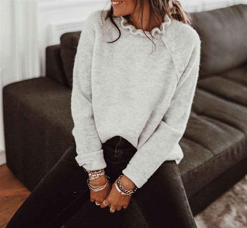 Women's Relaxed Fit Knitted Sweater – Wool Blend with Ruffle Neck and Shoulder Buttons Light Grey