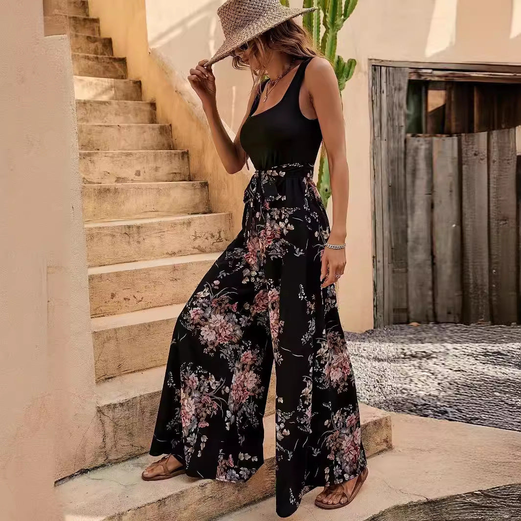 Women's Floral Print Sleeveless Jumpsuit – Relaxed Fit with Waistband – Full Length