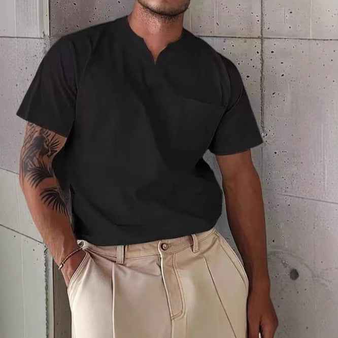 Men's Slim Fit V-Neck T-Shirt with Chest Pocket – Breathable Fabric Black