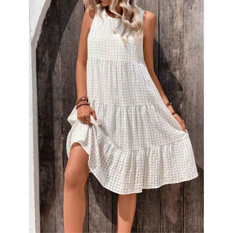 Women's Sleeveless Short Dress – Loose-Fitting Layered Style – Lightweight Fabric White