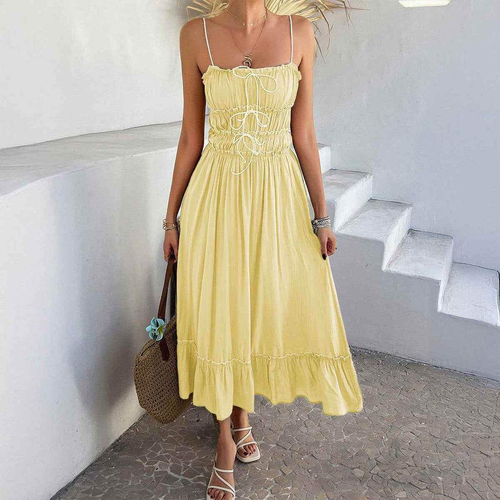 Women's A-Line Spaghetti Strap Dress - High Waist with Ruffles - Breathable Fabric Light Yellow