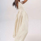 Women's A-line Midi Dress with V-neck, Open Back, Adjustable Straps, and Side Split Apricot