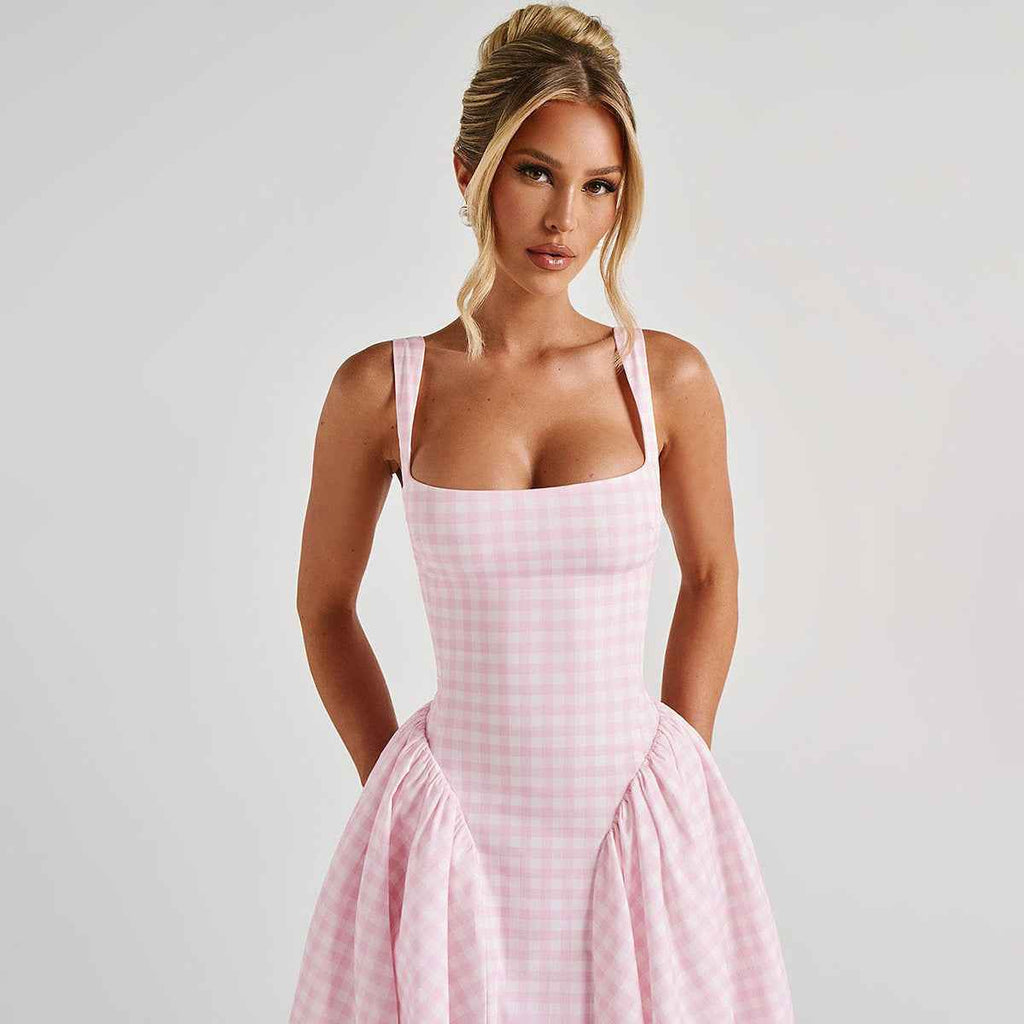 Women's Midi Dress with Square Neckline and Spaghetti Straps – Diamond Pattern