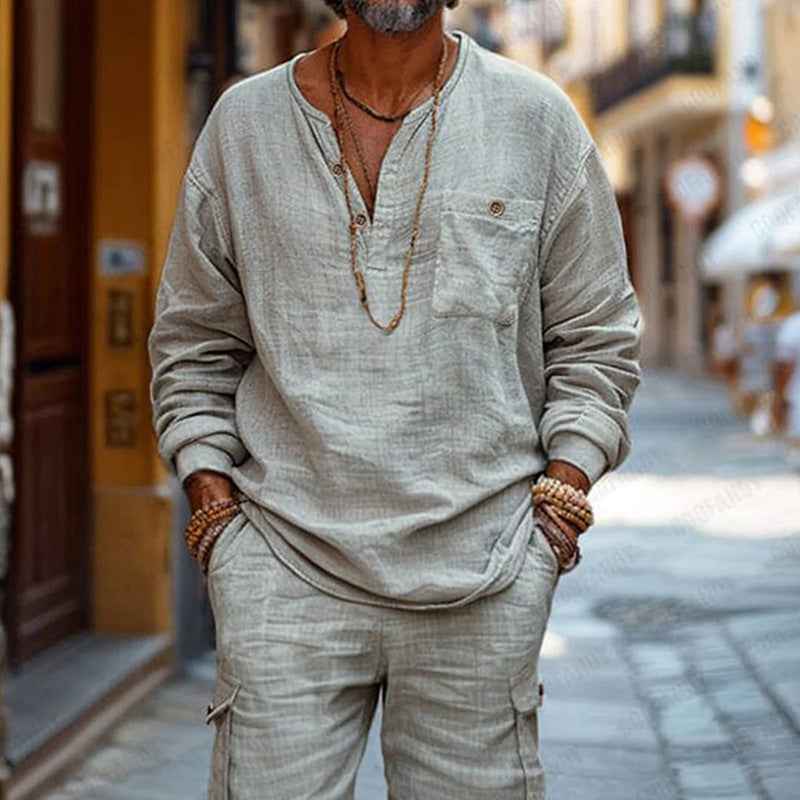 Men's Casual V-Neck Long Sleeve Top & Relaxed Fit Cargo Shorts Set – Breathable Comfort