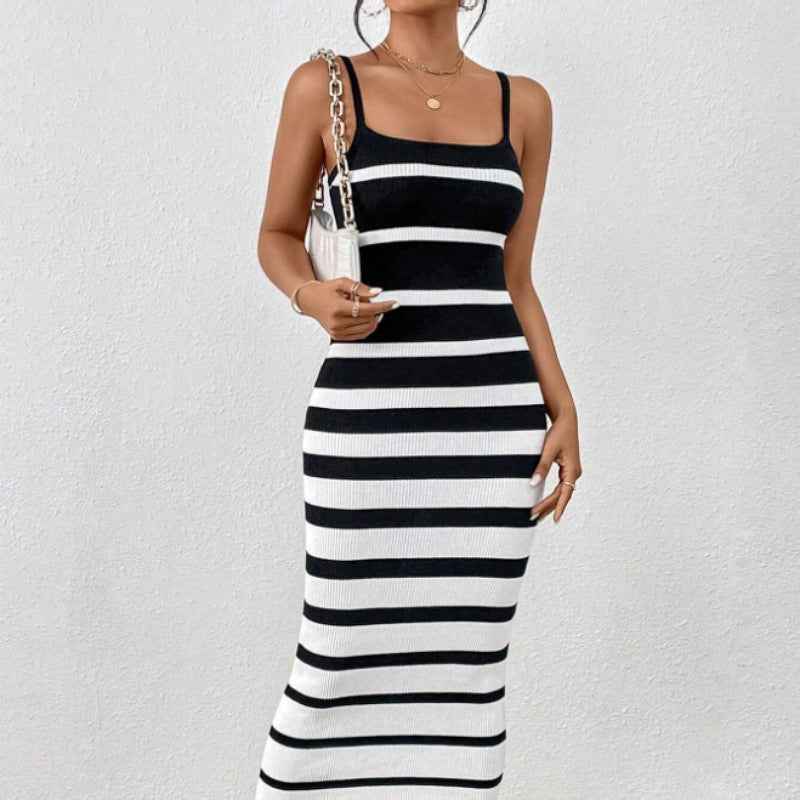 Women's Slim Fit Bodycon Midi Dress – Knitted Stretch Fabric with Spaghetti Straps Black