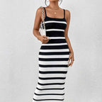 Women's Slim Fit Bodycon Midi Dress – Knitted Stretch Fabric with Spaghetti Straps Black