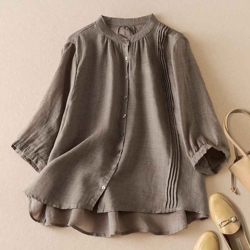 Women's Relaxed Fit Blouse with Half-Length Sleeves and Stand Collar – Pleated Detail – Made from Natural Fibers Grey