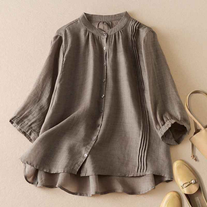 Women's Relaxed Fit Blouse with Half-Length Sleeves and Stand Collar – Pleated Detail – Made from Natural Fibers Grey