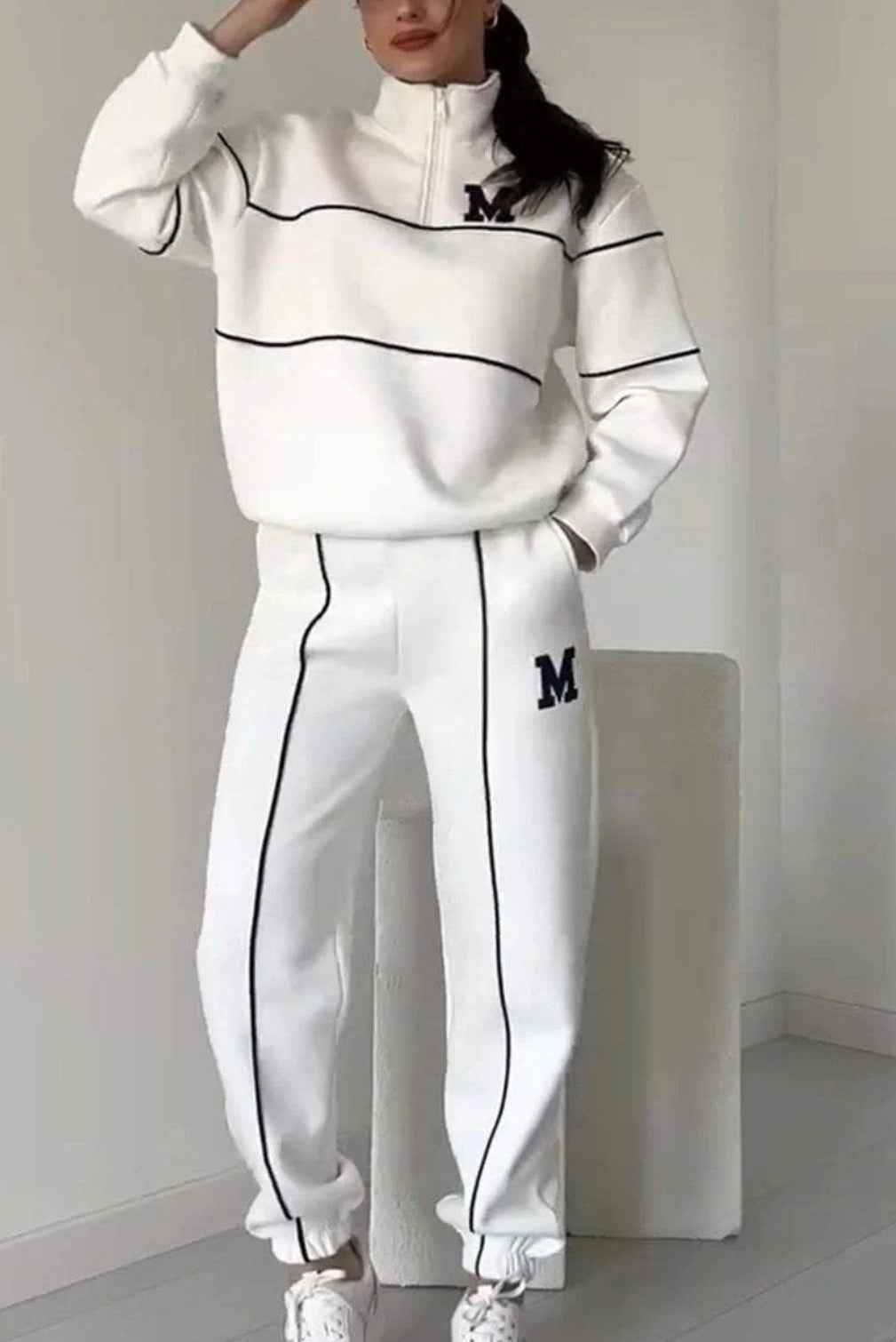 Women's Relaxed Fit Tracksuit – Cotton Blend Half-Zip Top & Elastic Joggers White