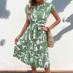 Women's Pleated Fit and Flare Midi Dress – Geometric Print – Short Sleeve with Belt Mint Green