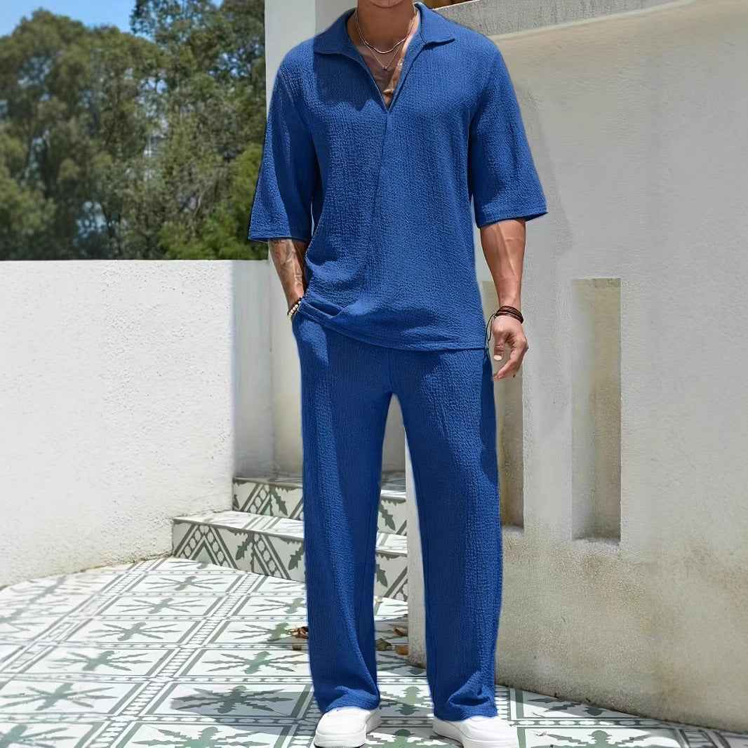 Men's Relaxed Fit Zip Collar Shirt & Straight Pants Set – Breathable Fabric Royal Blue