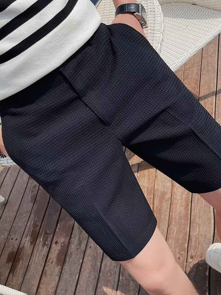 Men's Slim Fit Textured Woven Shorts with Button Closure and Pockets - Knee Length