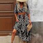 Women's A-line Midi Dress – V-neck Wrap with Pleated Sleeves & Belt