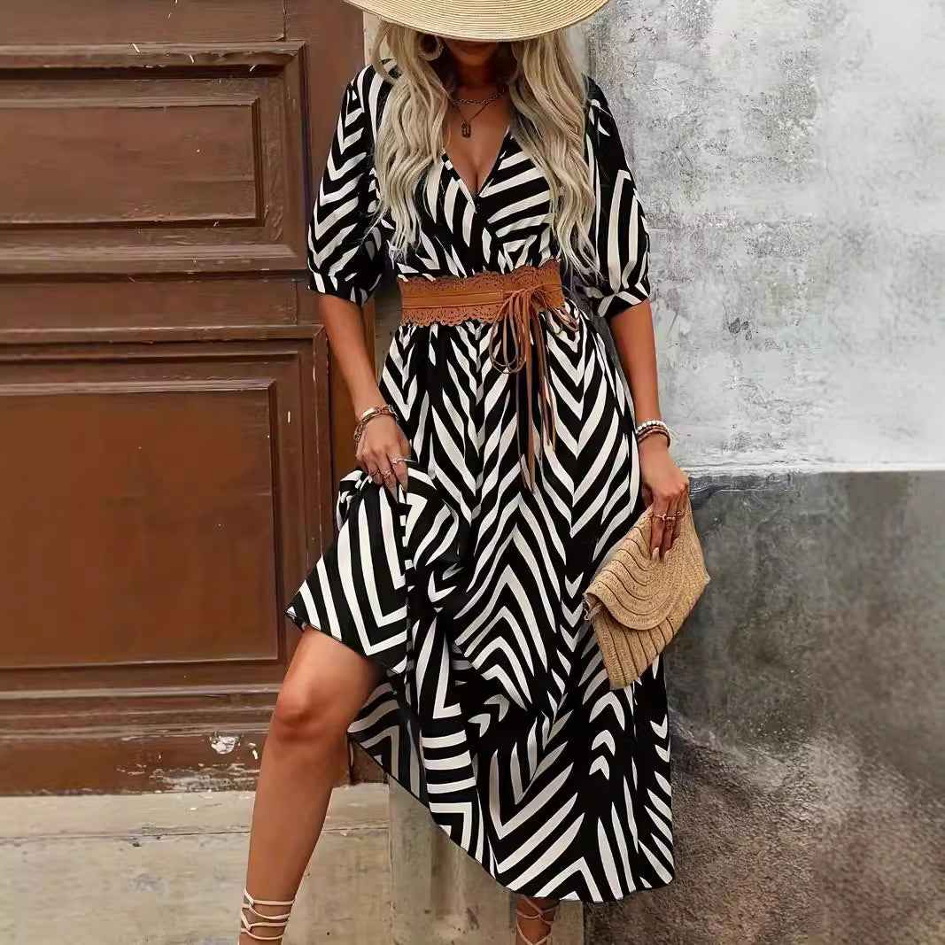 Women's A-line Midi Dress – V-neck Wrap with Pleated Sleeves & Belt