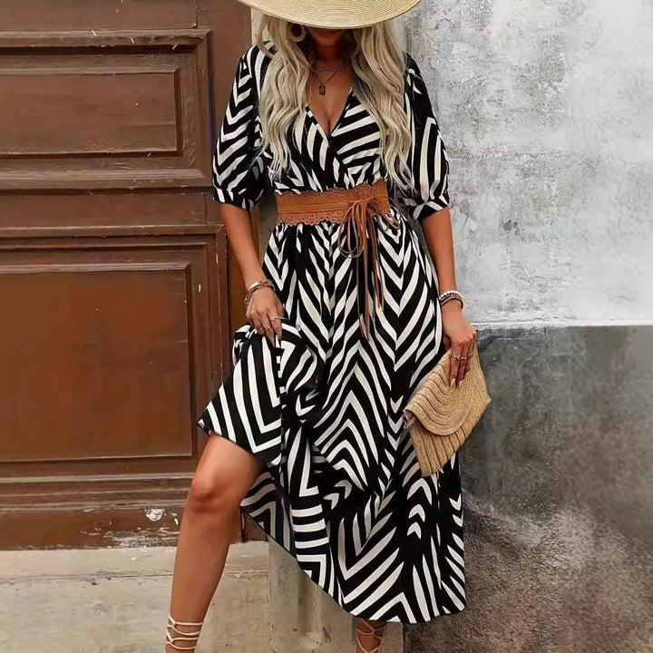 Women's A-line Midi Dress – V-neck Wrap with Pleated Sleeves & Belt