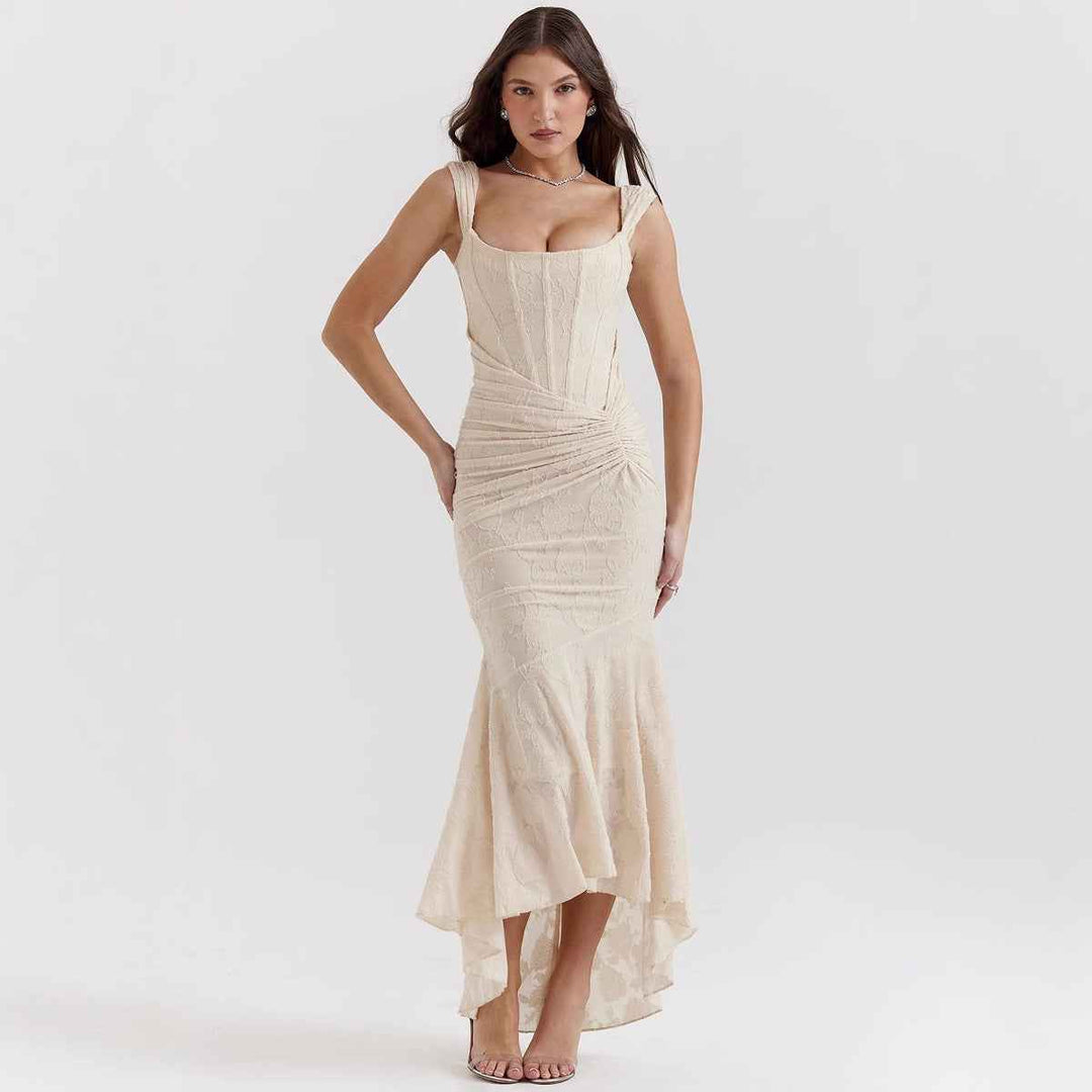 Women's One-Shoulder Satin Evening Dress – Fitted Mermaid Style with Ruffles Broken Mind