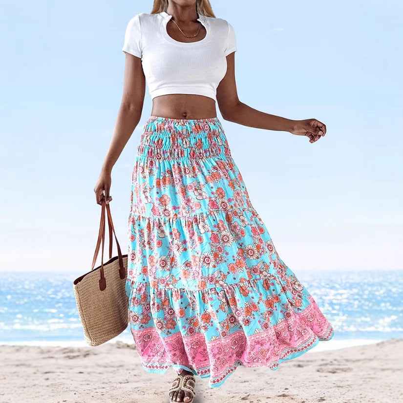 Women's Floral Print Strapless Dress – Cotton Blend – Flared & Convertible Design Blue Lake