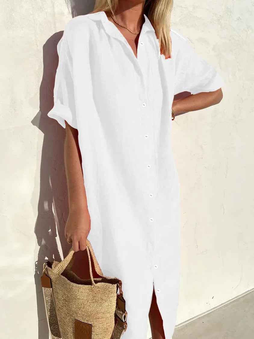 Women's Relaxed Fit Linen Cotton Shirt Dress - Short Sleeve with Button Closure White