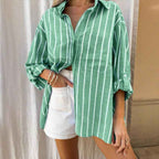Women's Oversized Long Sleeve Shirt – Breathable Striped Design Green