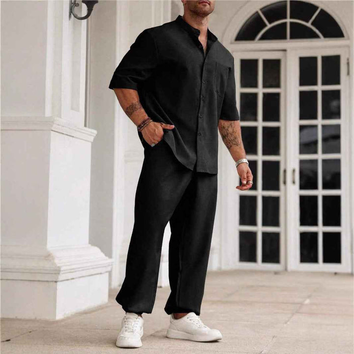 Men's Casual Outfit Set – Breathable Fabric – Relaxed Fit – Short Sleeve & Long Pants Black
