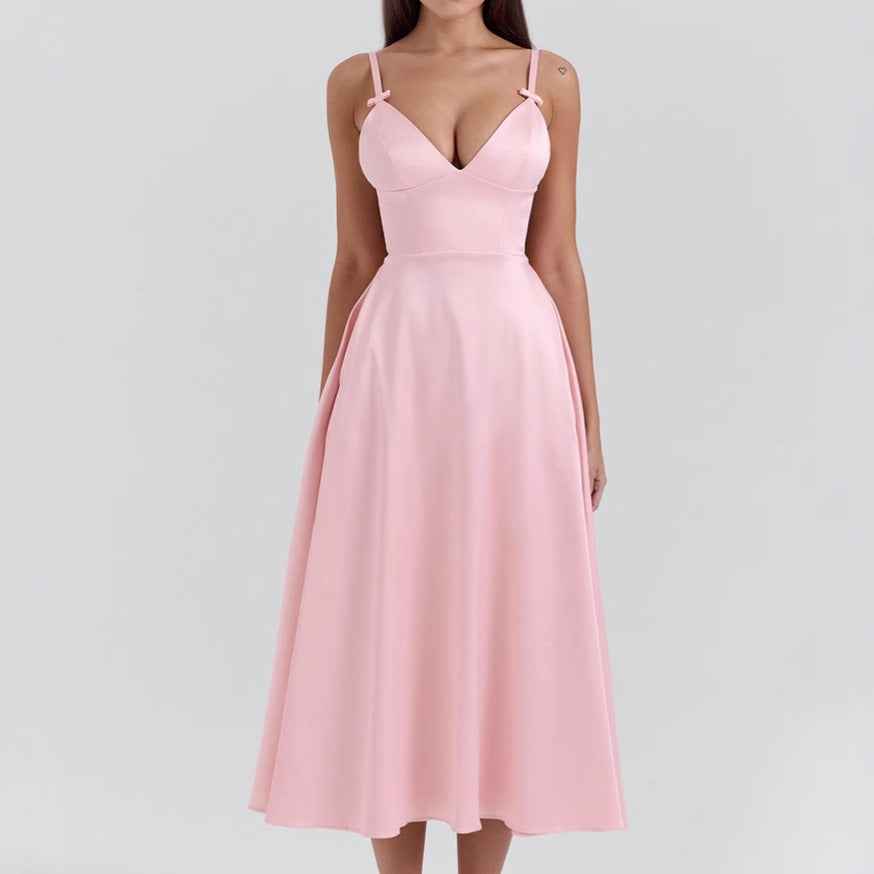 Women's Satin V-Neck A-Line Midi Dress with Spaghetti Straps Pink
