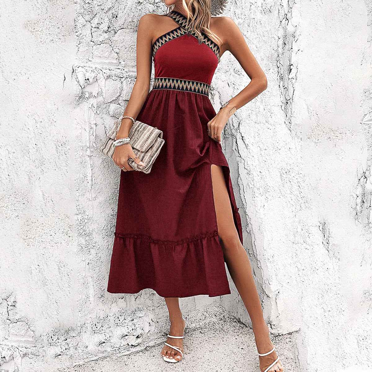 Women's Midi Halter Dress – Figure-Hugging Fit – High Split & Criss-Cross Neckline