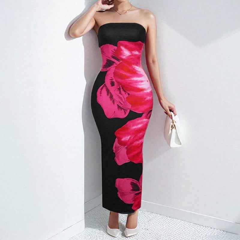 Women's Floral Print Maxi Dress – Slim Fit – Soft Strapless Design Black Pink