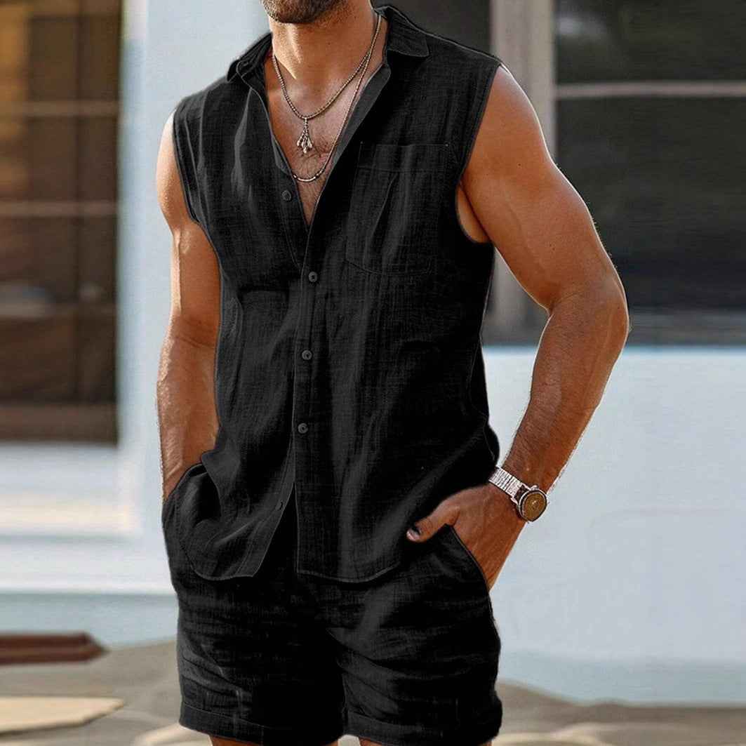 Men's Sleeveless Set – Loose Fit – Breathable Casual Fabric – Button Closure Black