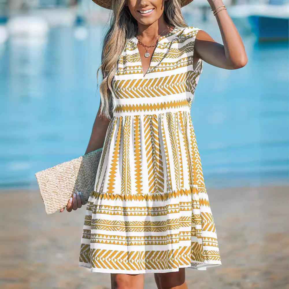 Women's A-Line Midi Dress – Sleeveless V-Neck – Lightweight Cotton Blend Yellow