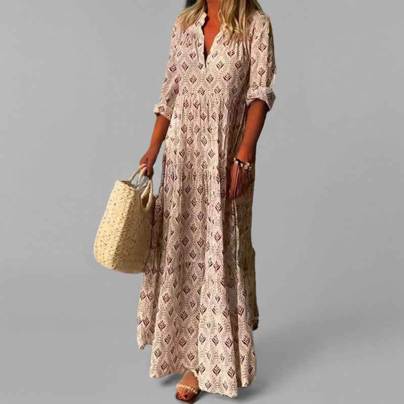 Women's Vintage Print Maxi Dress – Loose Fit Cotton – V-Neck – 3/4 Sleeve