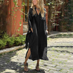 Women's Relaxed Fit Midi Dress - V-Neck, 3/4 Sleeve, Linen Cotton with Pockets Black