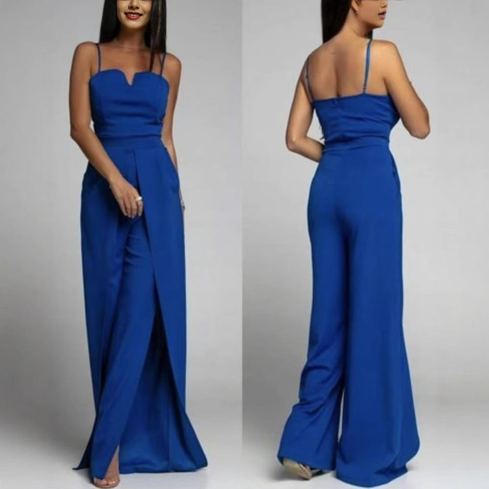 Women's Strapless Slim Fit Jumpsuit – Elegant Wide Leg Design with Front Slit Blue
