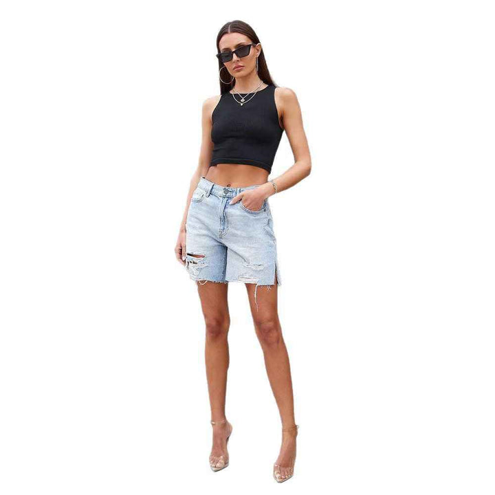 Women's Distressed Knee-Length Denim Shorts – Relaxed Fit with Slits – Casual Style