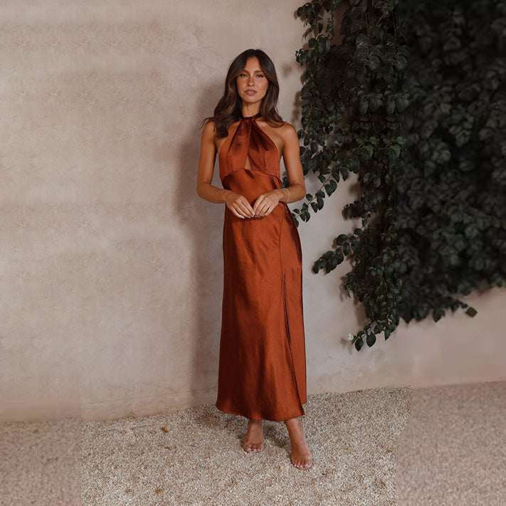 Nishel | Women's Satin Maxi Halter Dress with Side Split