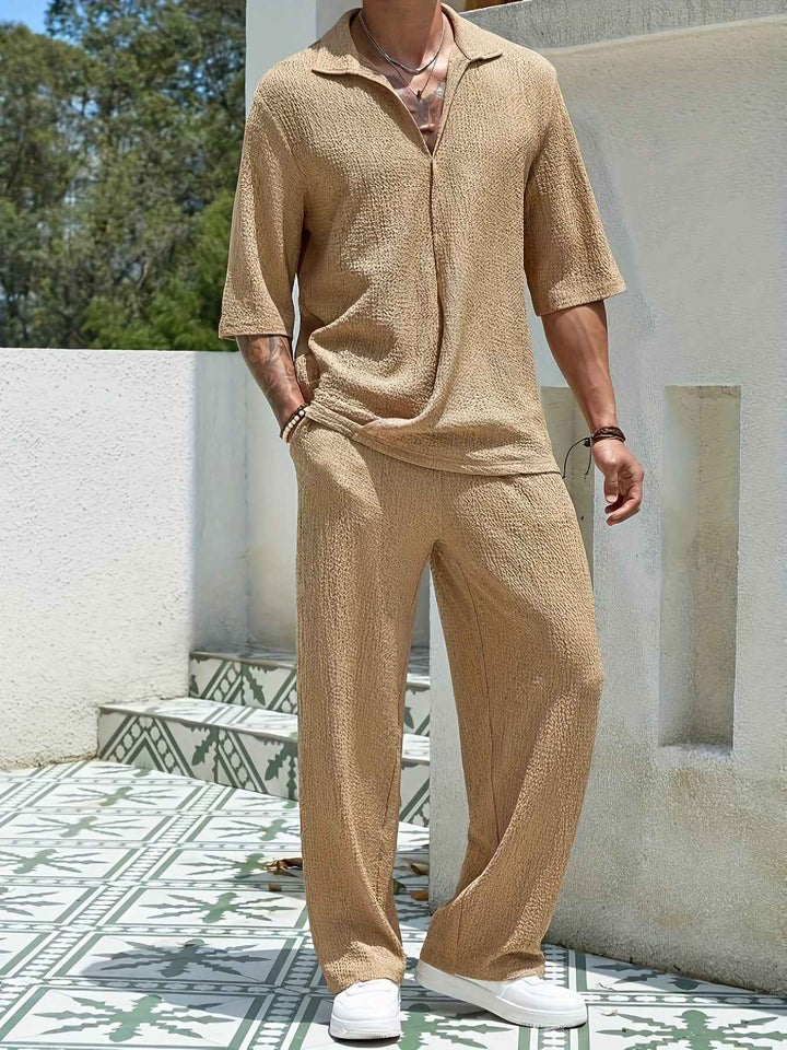 Men's Relaxed Fit Zip Collar Shirt & Straight Pants Set – Breathable Fabric Khaki